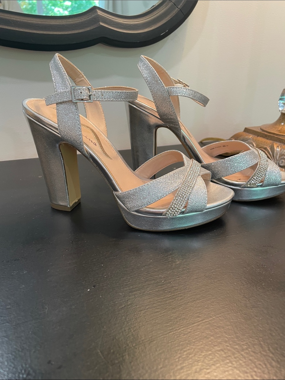 Nina Silver Glitter Platform Heel Sandals with Ankle Strap